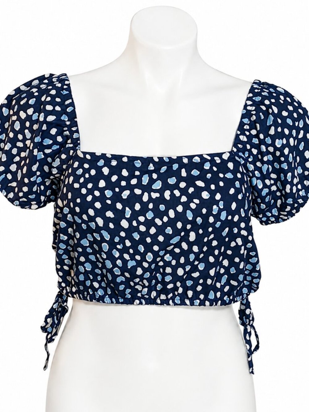 Medium Women’s Navy Blue Spotted Crop Top Square Neck Puff Sleeve Side Tie y2k